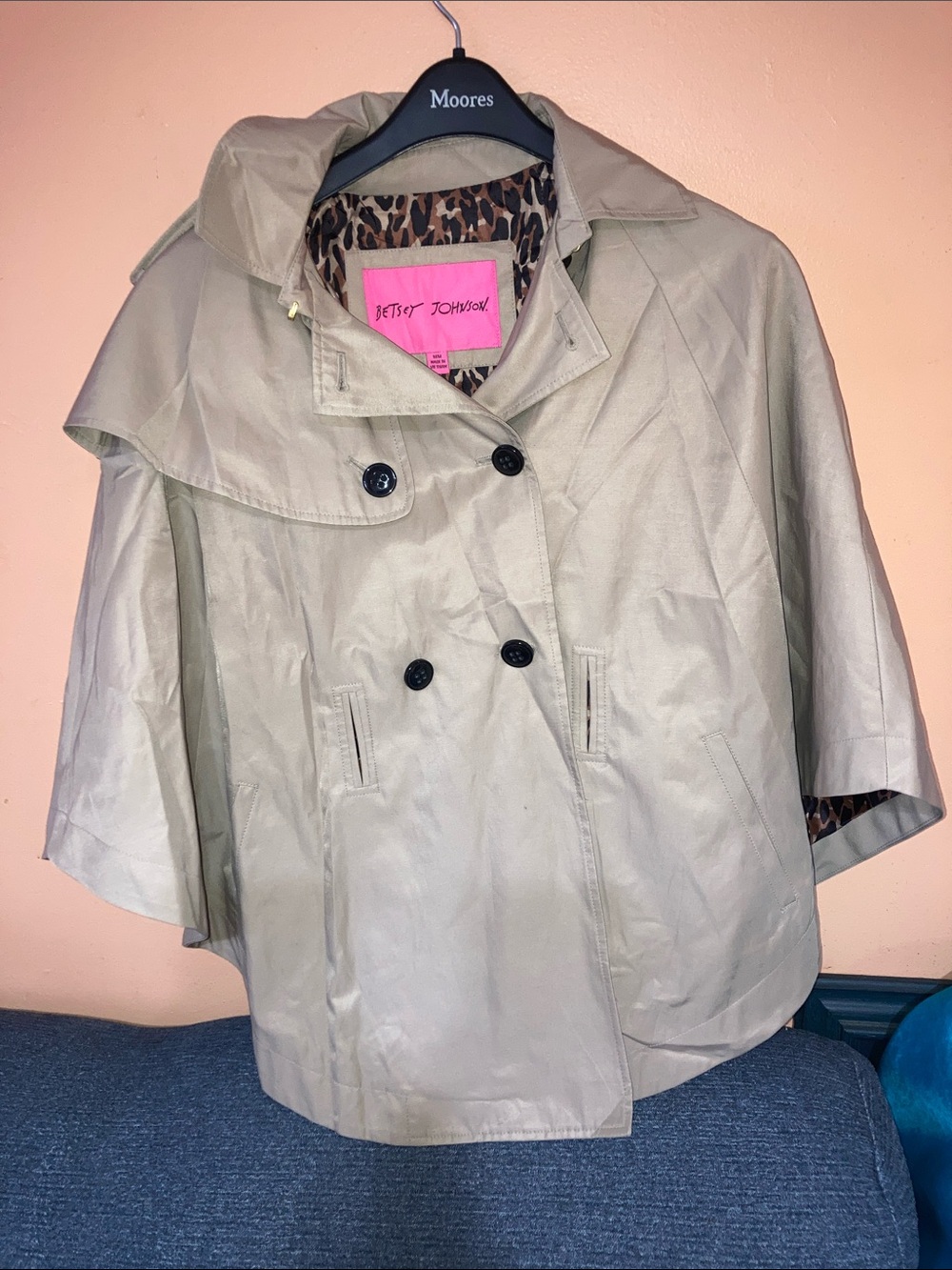 Vintage Betsey Johnson Taupe Short Trench Cape Jacket with Leopard Lining